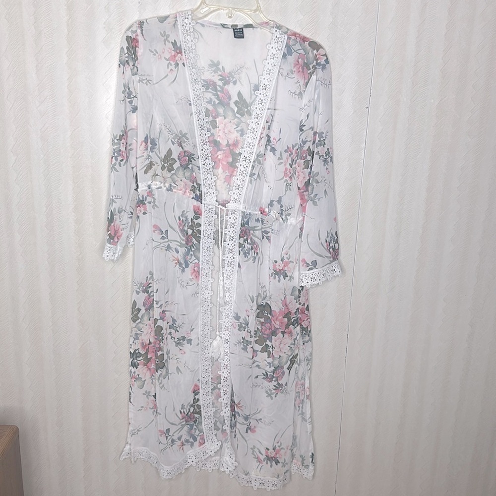 ❤️ SHEIN Swim Floral Print Contrast Lace Split Hem Kimono, Summer Beach large - Picture 8 of 11